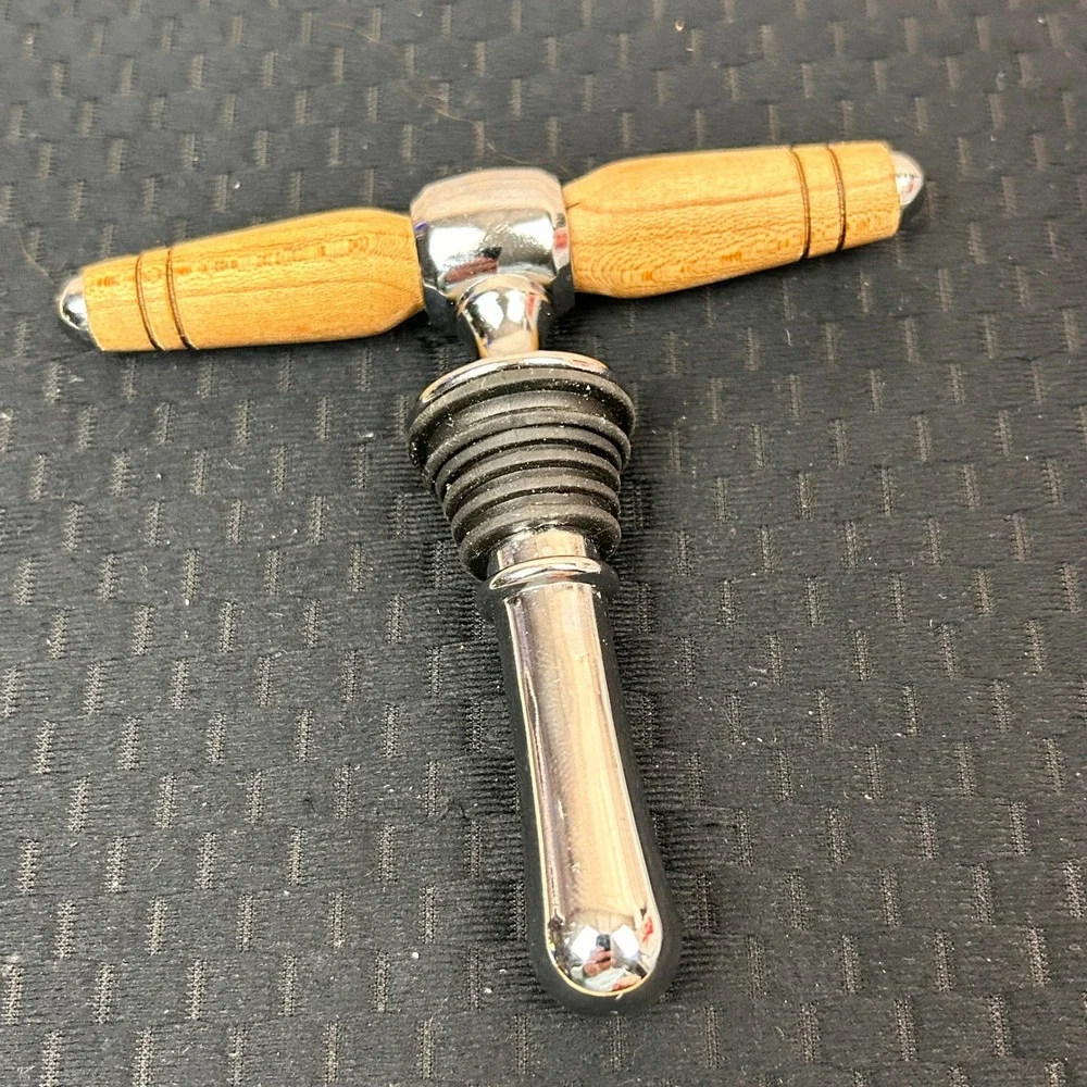 Wood T-Handle Corkscrew and Chrome‎ Bottle Stopper Wine Accessory Set